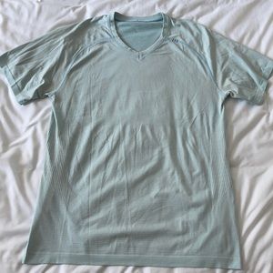 Light blue V-neck Lululemon athletic shorts sleeve T-shirt